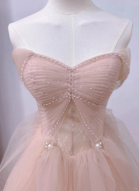 Rosa A-Linie transparentes Partykleid mit Perlenverzierung und schulterfreiem Rücken, rosa transparentes Abendkleid vom Boden bis zur Decke