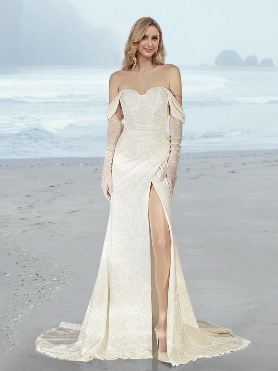 Sequin slit tight off shoulder and floor wedding dress