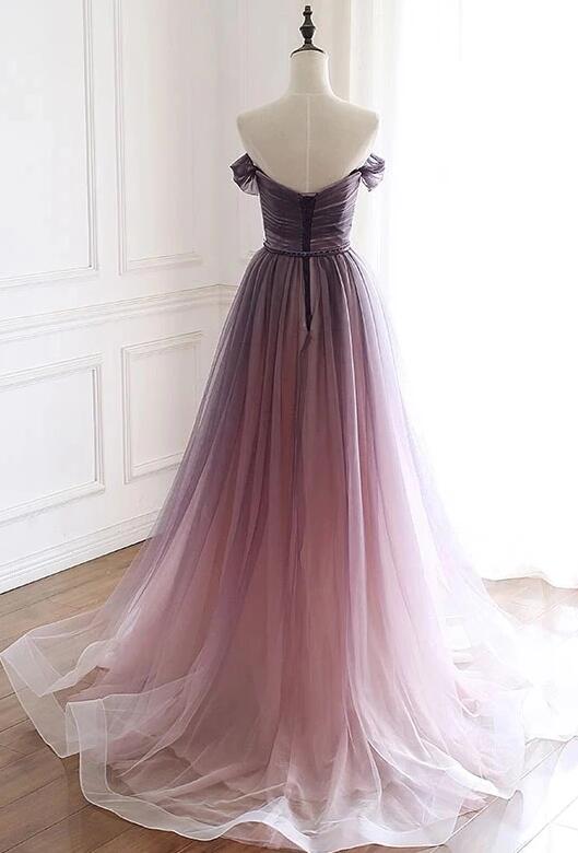 Robe de soirée élégante à épaules dénudées violettes, transparente, manches courtes, ceinture perlée, col en V profond, dos nu