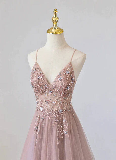 Rosa Bodenlanges Partykleid mit V-Ausschnitt und Perlenbesatz, Rosa Langes transparentes Abendkleid