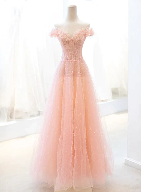 Rosa A-Linien-Ballkleid aus Tüll mit Pailletten, schulterfreie Abendkleider