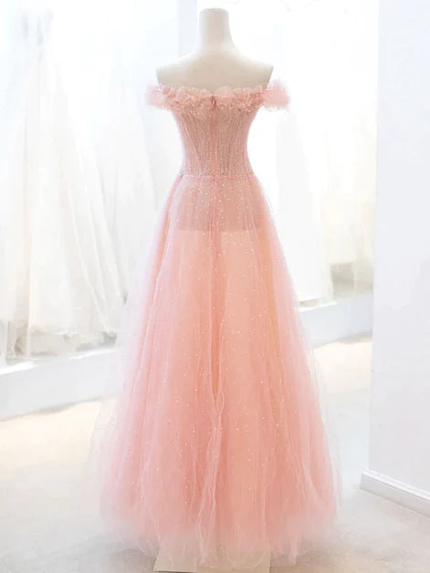 Rosa A-Linien-Ballkleid aus Tüll mit Pailletten, schulterfreie Abendkleider