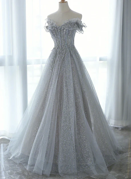 Graues Tüll-Partykleid mit Herzausschnitt, A-Linie Tüll bodenlanges Ballkleid Abendkleid