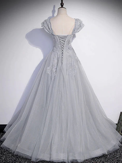 Robe longue élégante à manches courtes et à paillettes grises, en dentelle transparente grise et robe de soirée du sol au plafond