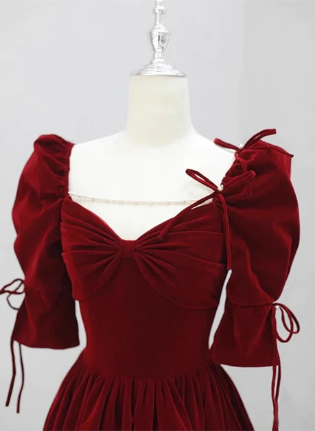 Charming A-shaped velvet short sleeved long party dress, A-shaped backless and floor length prom dress