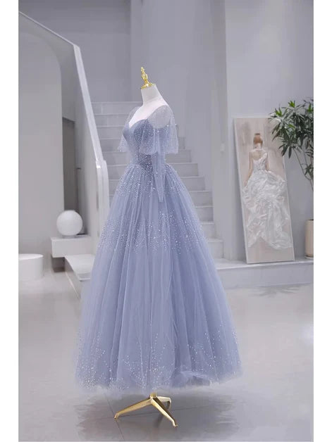 Robe de soirée longue et transparente à manches courtes bleue, robe de bal longue en A avec perles bleues grises