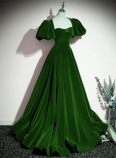 Elegant dark green beaded sequin suede ball dress, dark green princess short sleeved velvet backless long evening dress