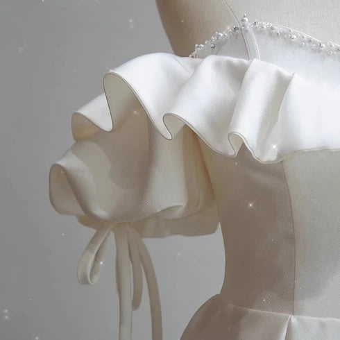 White satin princess off the shoulder beaded sweetheart dress, white ruffled short sleeved satin dress