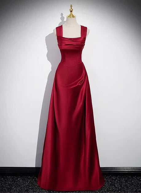 Robe de soirée longue en satin rouge vin avec bretelles et cuillère, robe de soirée longue en satin rouge vin avec décolleté carré en forme de A