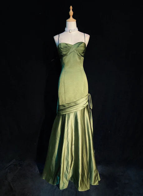 Grünes Satin Sweetheart Straps Langes Abendkleid, Langes grünes Ballkleid