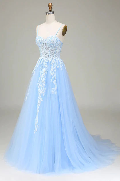 Hellblaues transparentes A-Linien-Ballkleid mit Spitzenstickerei Partykleid, hellblaues Ballkleid