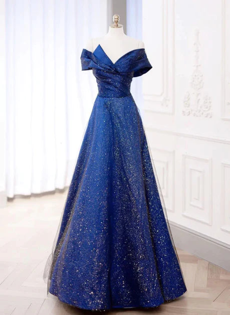 Schulterfreies blaues A-Linien-Satin und transparentes langes Ballkleid, schulterfreies blaues langes Abendkleid Partykleid
