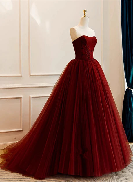 Wine Red ScoopWine Red Scoop Sweetheart Tulle Off the Shoulder Ball Dress, Wine Red Tulle Embroidered Evening Dress