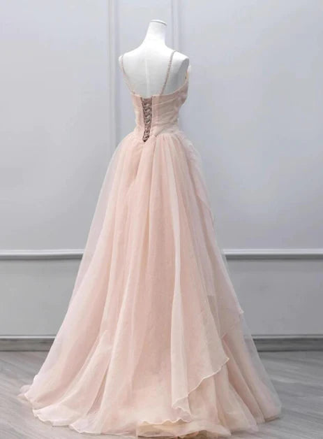 Elegant pink sheer beaded shoulder strap long ball dress, A-line pink with heart-shaped collar and beaded shoulder strap sheer prom dress