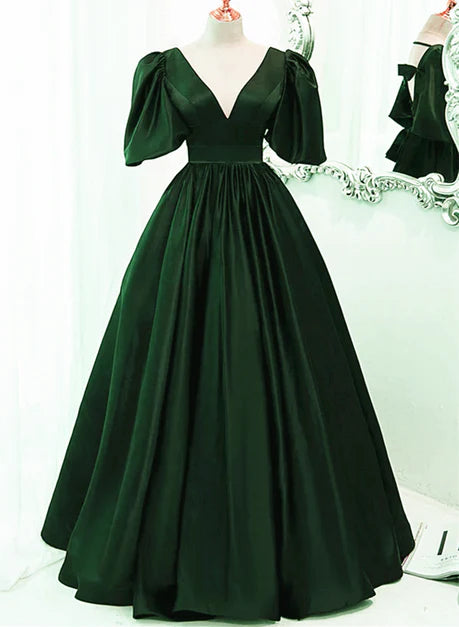 Retro/Original Grünes Satin Kurzarm Langes Partykleid, Grünes Prinzessin V-Ausschnitt Kurzarm und Bodenlanges Abendkleid