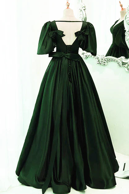 Retro/Original Grünes Satin Kurzarm Langes Partykleid, Grünes Prinzessin V-Ausschnitt Kurzarm und Bodenlanges Abendkleid