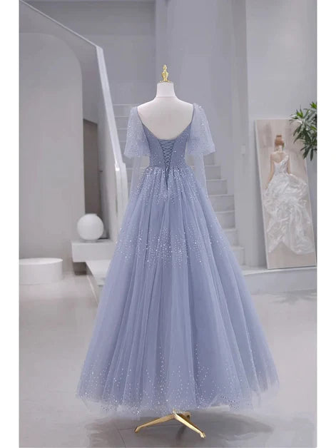 Robe de soirée longue et transparente à manches courtes bleue, robe de bal longue en A avec perles bleues grises