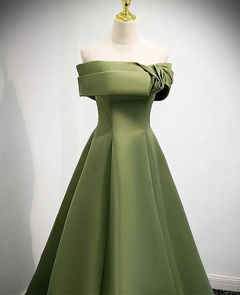 A-line green satin off shoulder long evening gown, green rose pleated floor prom dress