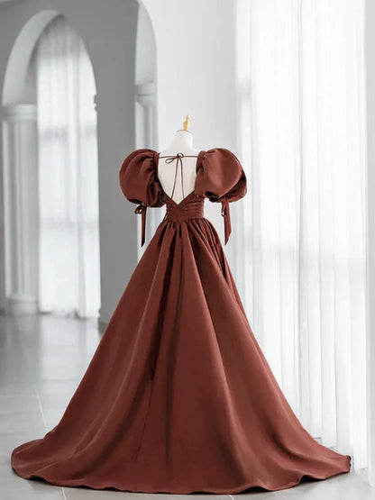 Brown satin bubble sleeved party long dress, brown V-neck and floor backless prom dress
