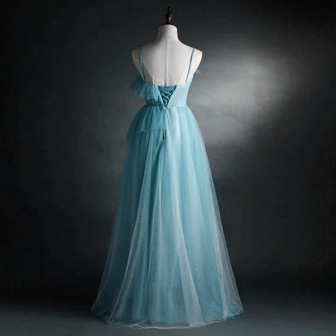 Unique/beautiful A-line blue sheer shoulder strap long formal dress, blue princess shoulder strap spaghetti lace butterfly sleeveless long evening dress