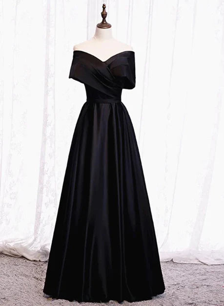Robe de soirée corset moulante en satin noir à épaules dénudées et décolleté en cœur, robe de bal longue noire trapèze