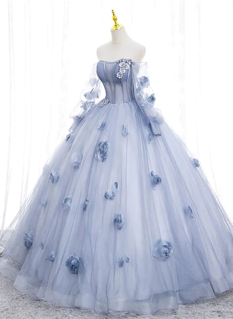 Unique and beautiful sky blue decal long sleeved off shoulder ball dress, sky blue fluffy sheer strapless backless and ground length prom dress