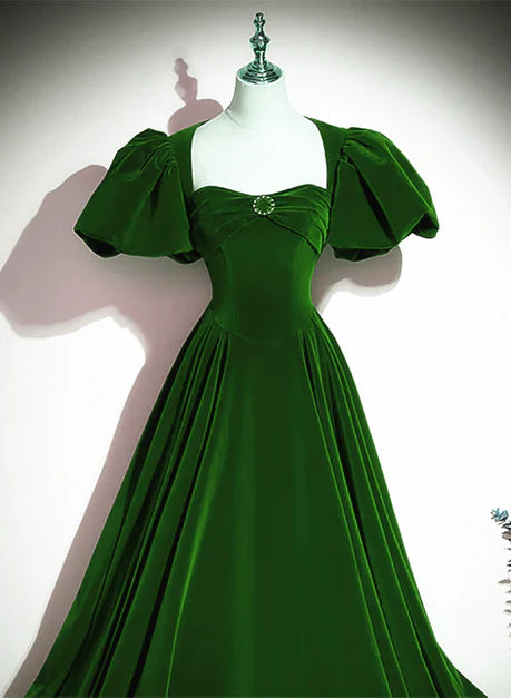 Elegant dark green beaded sequin suede ball dress, dark green princess short sleeved velvet backless long evening dress