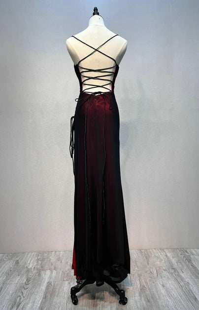 Robe longue simple à bretelles noire et rouge, robe de soirée noire et rouge dos nu et longue au sol