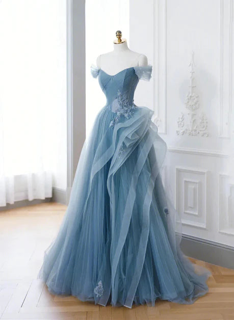 A-line blue sheer paired with lace off shoulder ball dress, blue sheer long evening gown