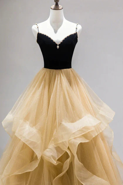 Champagne sheer A-line sweetheart beaded dance dress with strap, champagne evening dress