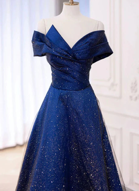 Schulterfreies blaues A-Linien-Satin und transparentes langes Ballkleid, schulterfreies blaues langes Abendkleid Partykleid