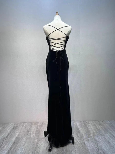 Robe de mariée trapèze en velours noir à bretelles, robe de soirée longue noire sans manches et dos nu