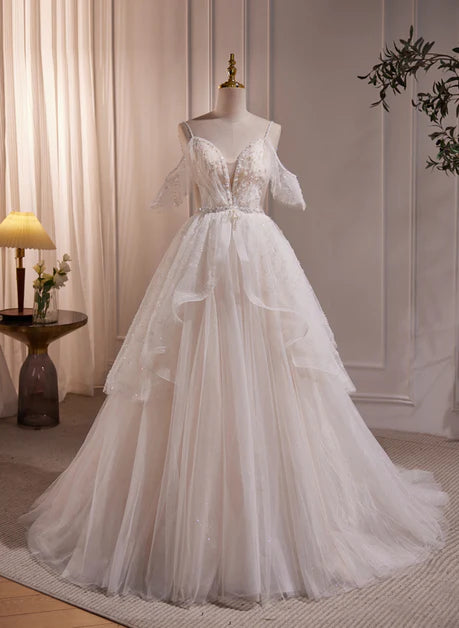 A-line ivory princess shoulder strap short sleeved short sleeved sheer long wedding dress party dress, ivory pearl sequin sheer and floor prom dress
