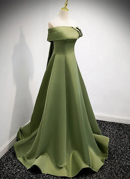 A-line green satin off shoulder long evening gown, green rose pleated floor prom dress