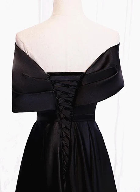 Black satin sweetheart off shoulder back tight fitting corset party dress, black A-line long prom dress
