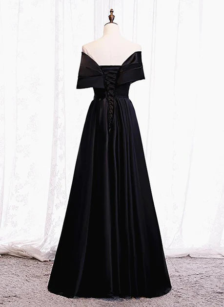 Robe de soirée corset moulante en satin noir à épaules dénudées et décolleté en cœur, robe de bal longue noire trapèze