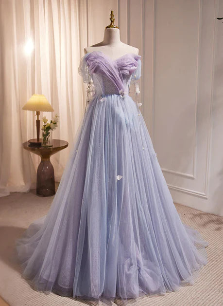 Hellviolettes, schulterfreies, fliederfarbenes, transparentes Schmetterlingskleid, hellviolettes, transparentes, rückenfreies Abendkleid mit Schnürung