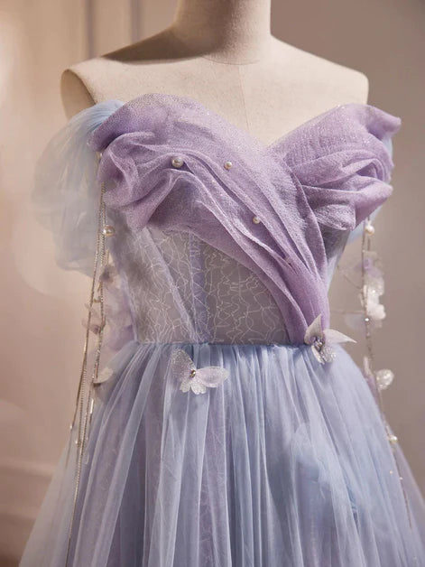 Hellviolettes, schulterfreies, fliederfarbenes, transparentes Schmetterlingskleid, hellviolettes, transparentes, rückenfreies Abendkleid mit Schnürung
