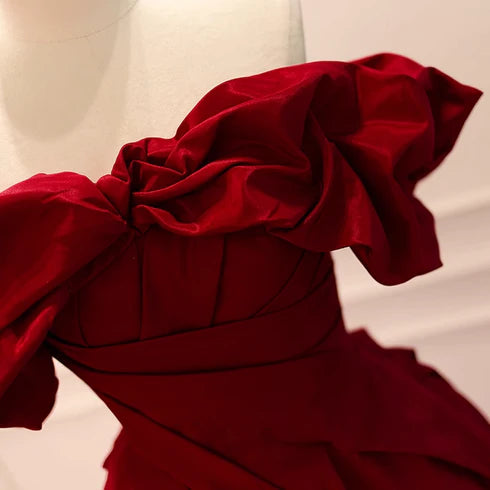Wine red A-shaped sweetheart dress, wine red satin off shoulder princess ruffled edge sleeveless tight fitting corset with hanging neck long evening dress