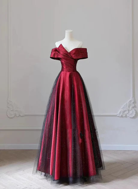 Rotes und schwarzes A-Linien-Satin-/Prinzessinnen-Abendkleid mit schulterfreien Ärmeln und rückenfreiem und bodenlangem/langem Kleid