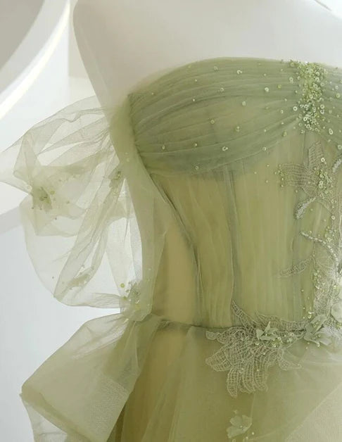 Light green sheer paired with beaded A-line ball dress, light green lace off shoulder long evening dress