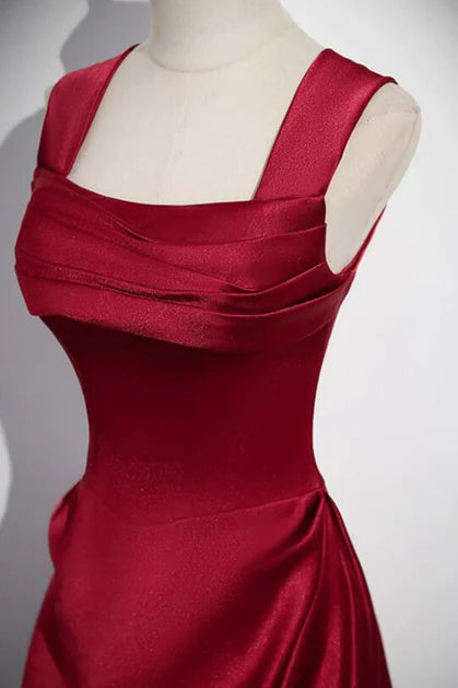 Wine red shoulder strap satin spoon and floor dance dress, wine red A-shaped square neckline long evening dress