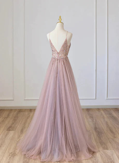Rosa Bodenlanges Partykleid mit V-Ausschnitt und Perlenbesatz, Rosa Langes transparentes Abendkleid