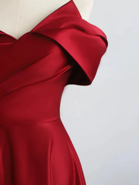 Wine red satin off shoulder sweet long ground party dress, A-line off shoulder red satin ball dress