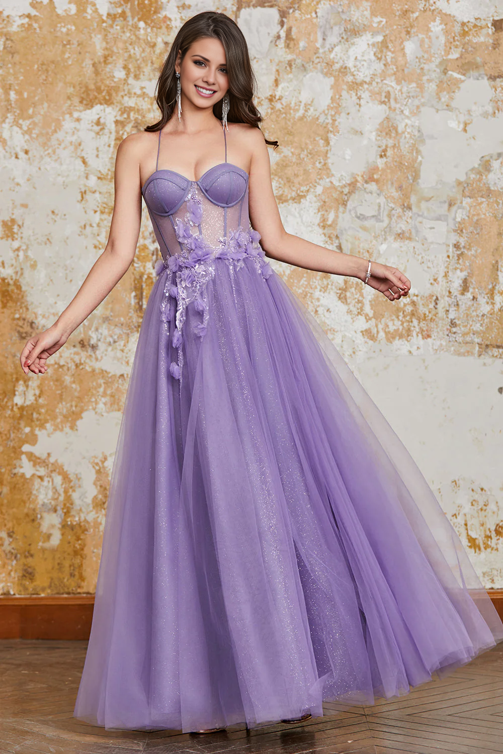 Lila A-Linien-Ballkleid mit schmalen Trägern und 3D-Blumenmuster und engem Korsett