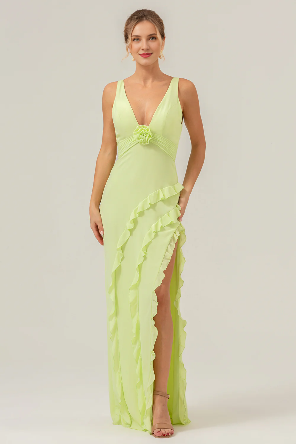 Robe de demoiselle d'honneur à col en V, fendue à volants, imprimé floral, dos nu