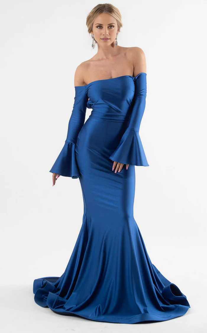 Meerjungfrau-Abendkleid mit schulterfreiem Kragen, ausgestellten Ärmeln und bodenlanger Länge