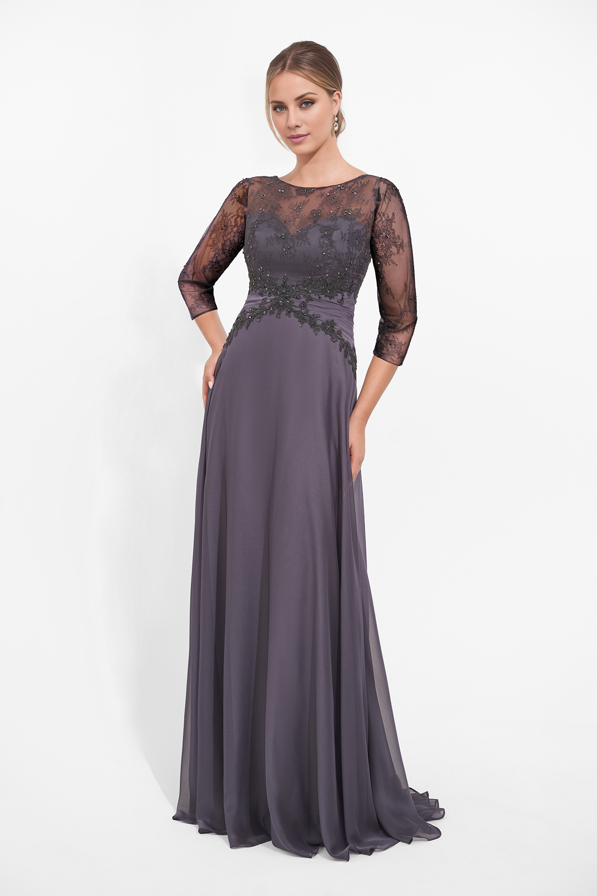 A-Linien-Kleid aus Chiffon und Spitze mit langen Ärmeln, Perlen, Plissee und bodenlangem Kleid für die Brautmutter
