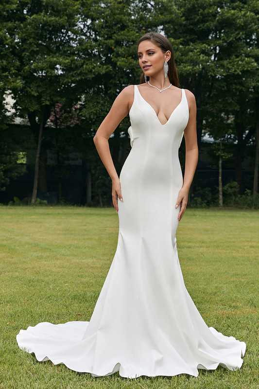 Fishtail V-neck sweeping trailing satin sleeveless wedding dress