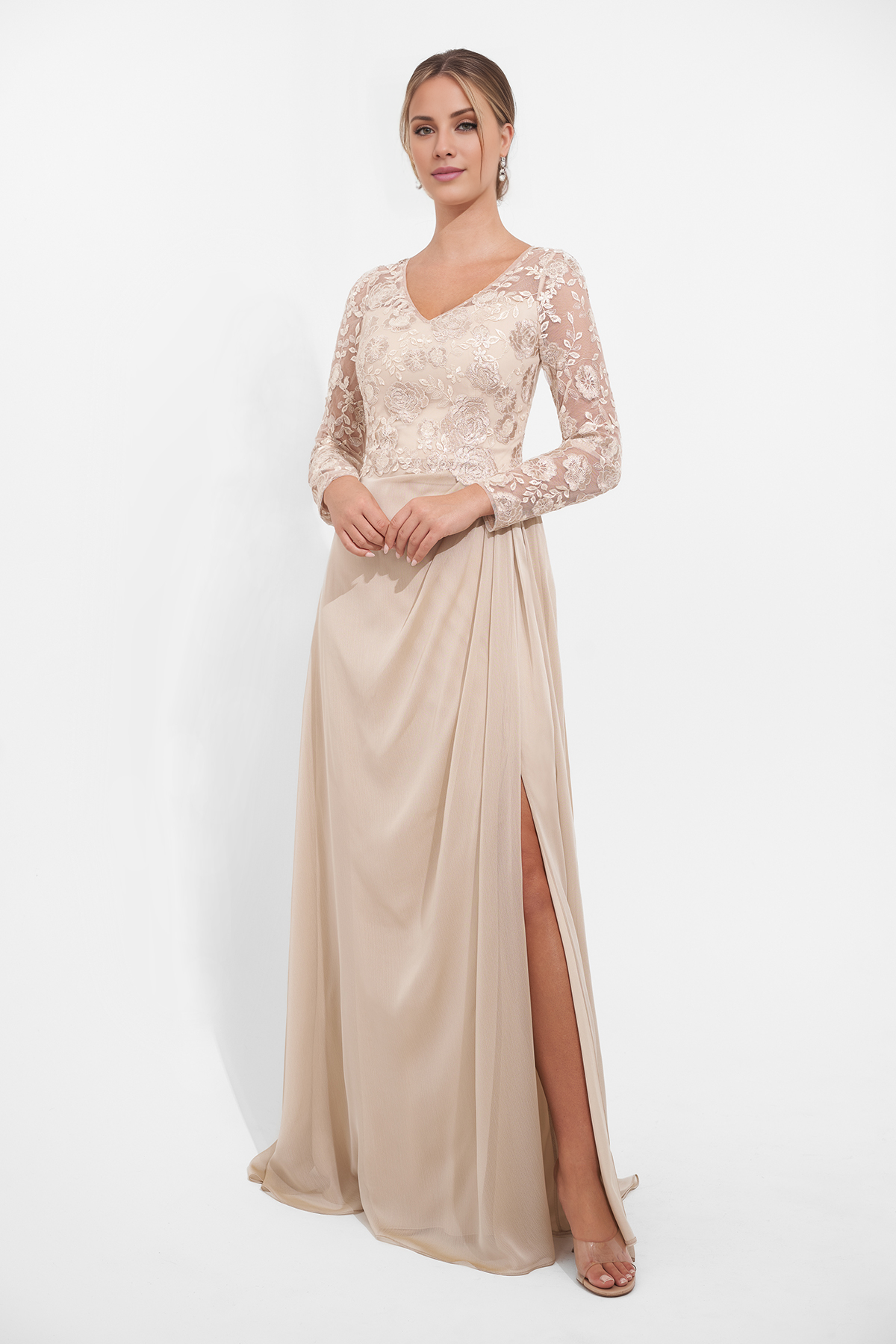 A-Linien-Kleid aus Spitzenchiffon mit V-Ausschnitt, langen Ärmeln und bodenlangem Kleid für die Brautmutter